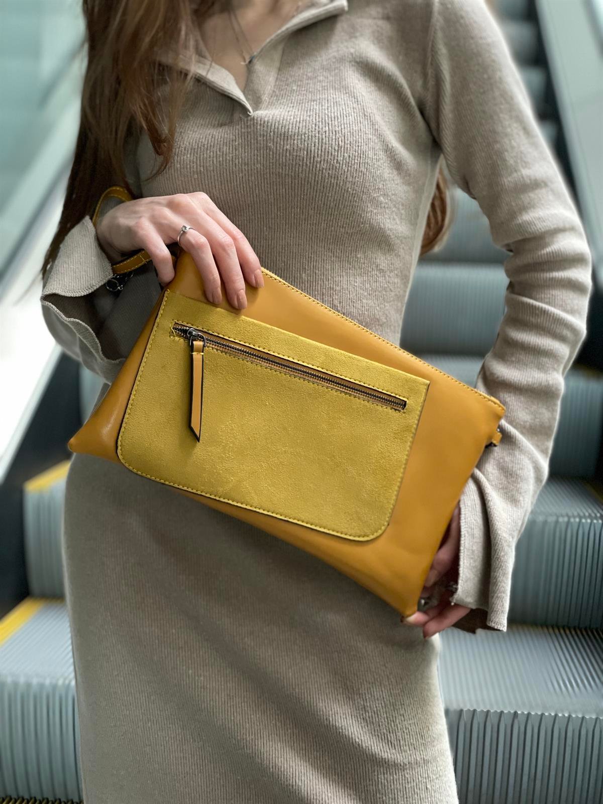 Süet Detaylı El Portföyü/Clutch 