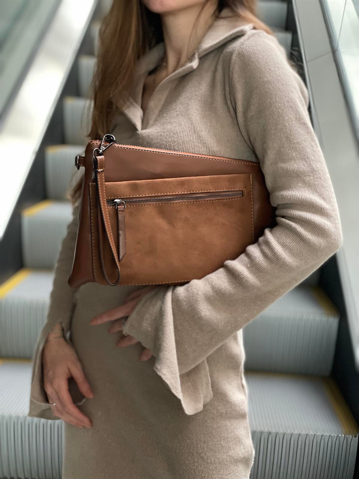 Süet Detaylı El Portföyü/Clutch 