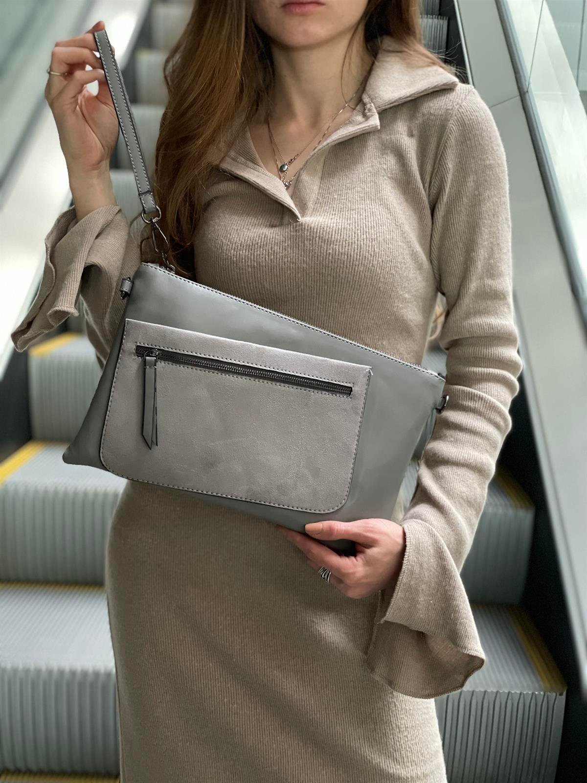 Süet Detaylı El Portföyü/Clutch 