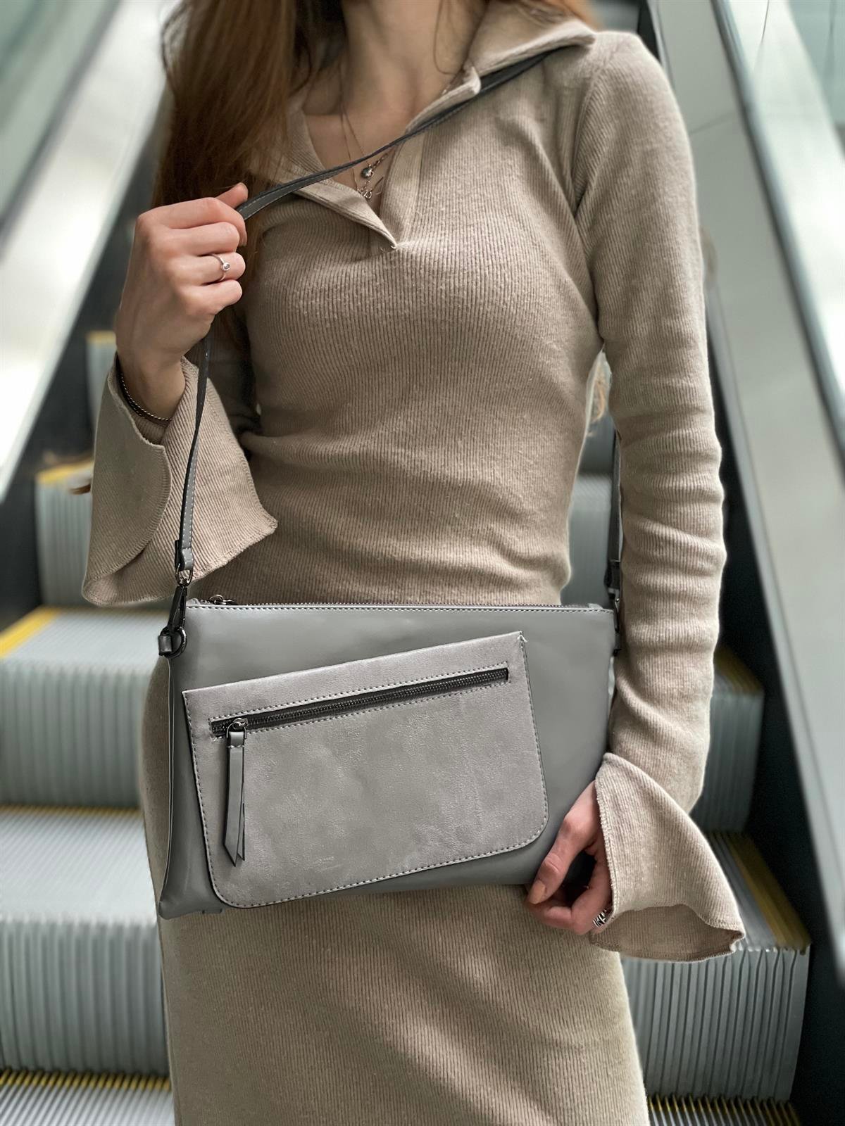 Süet Detaylı El Portföyü/Clutch 