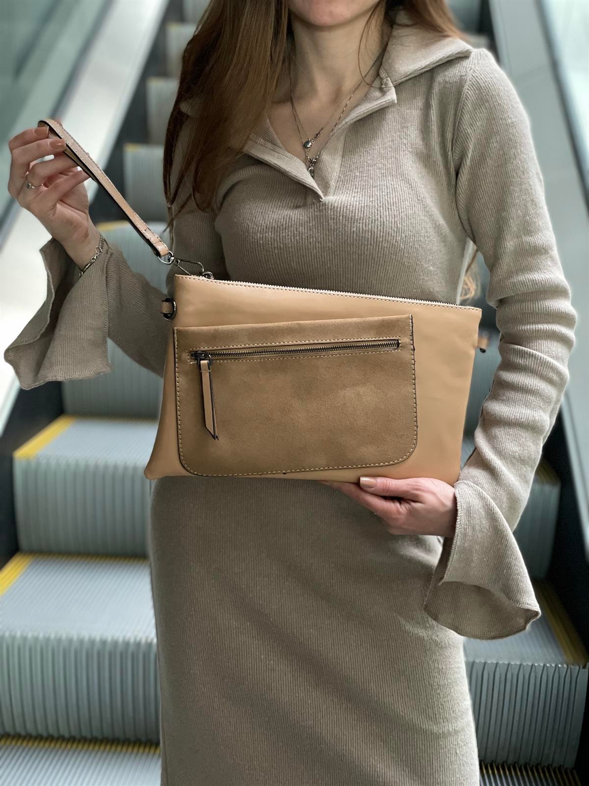 Süet Detaylı El Portföyü/Clutch 