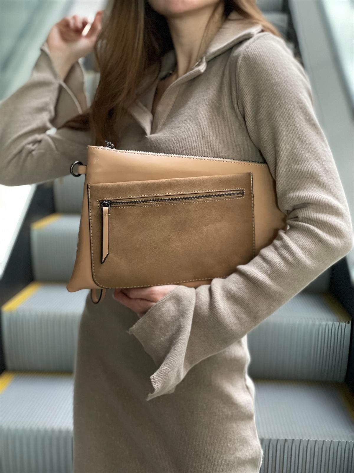 Süet Detaylı El Portföyü/Clutch 