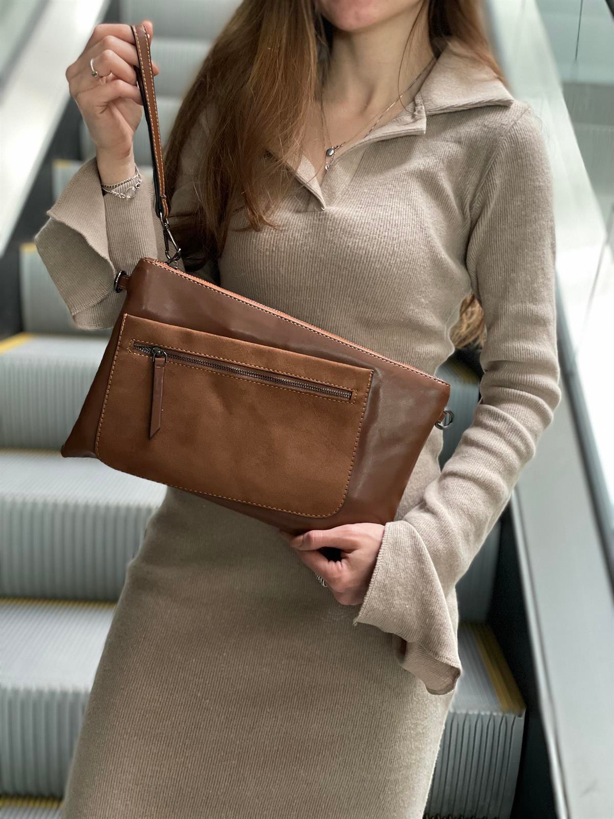 Süet Detaylı El Portföyü/Clutch 