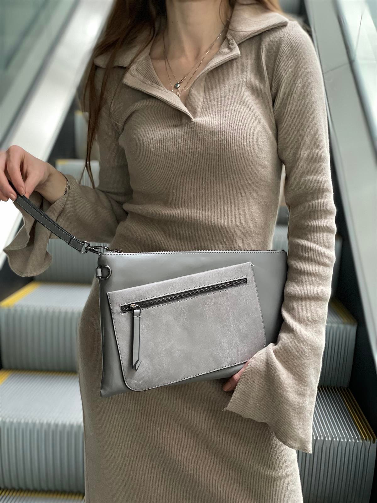 Süet Detaylı El Portföyü/Clutch 