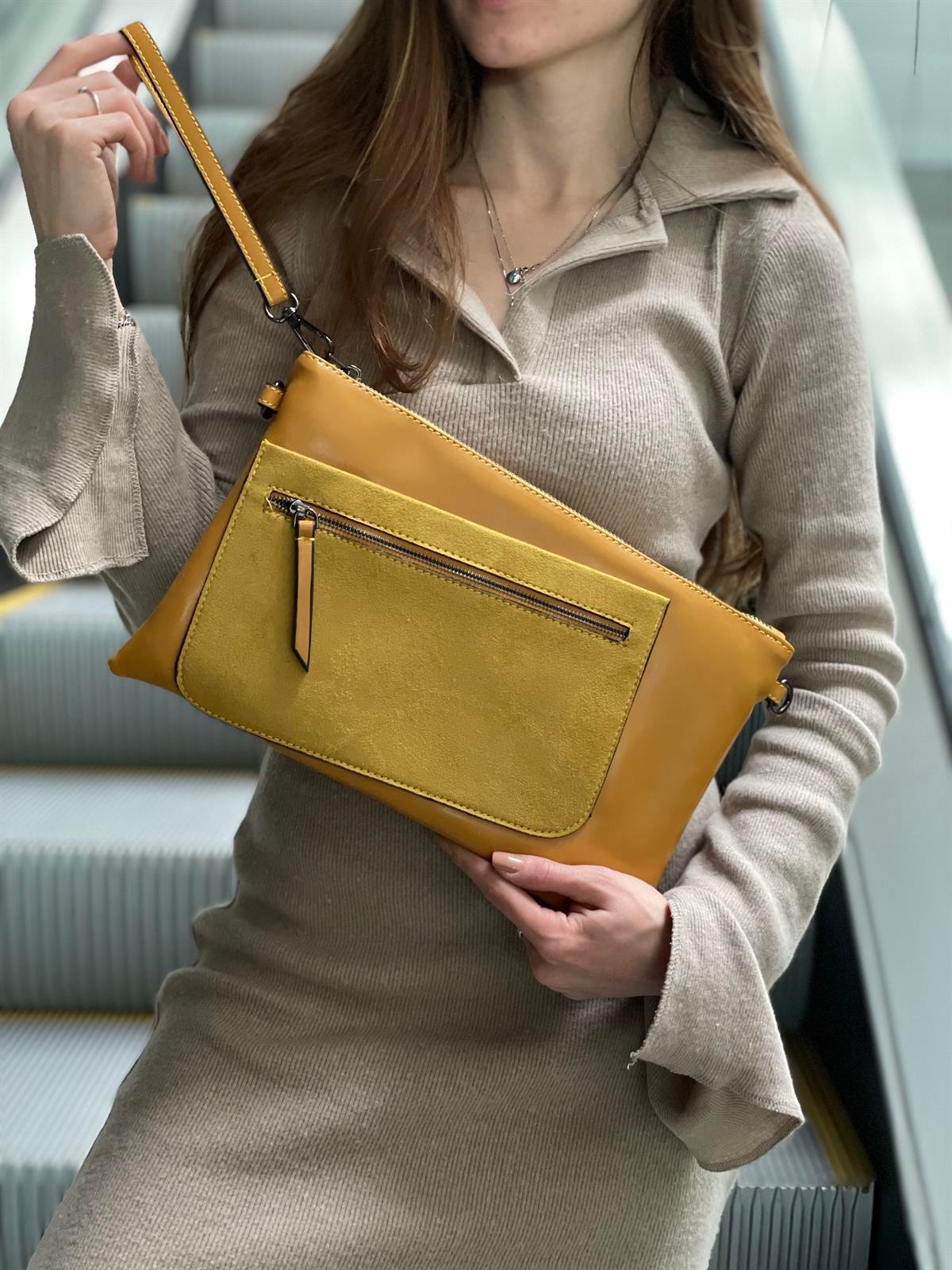 Süet Detaylı El Portföyü/Clutch 
