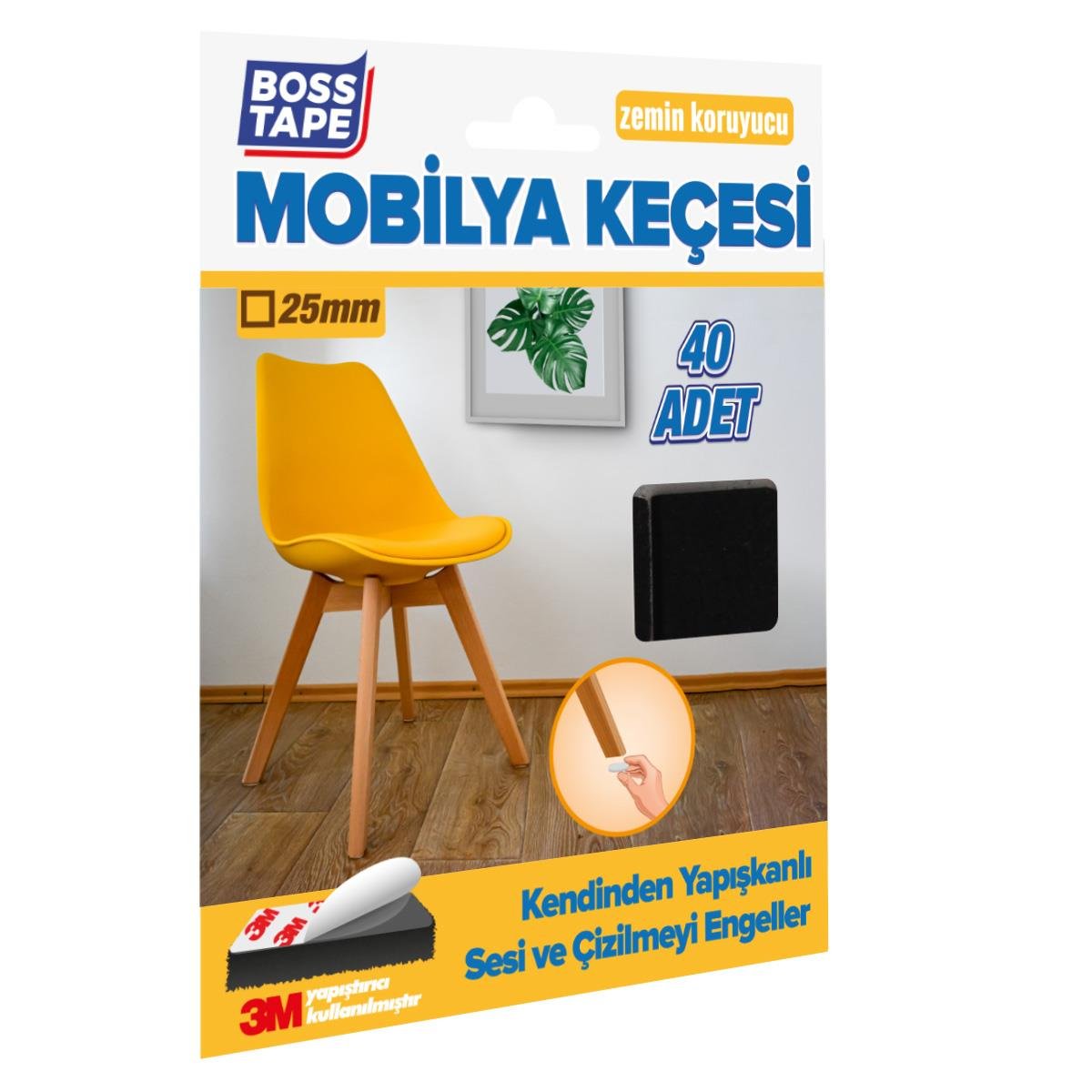 3M Yapışkanlı 40 Adet 25mm Kare Siyah Mobilya Sandalye Masa Ayağı Keçesi