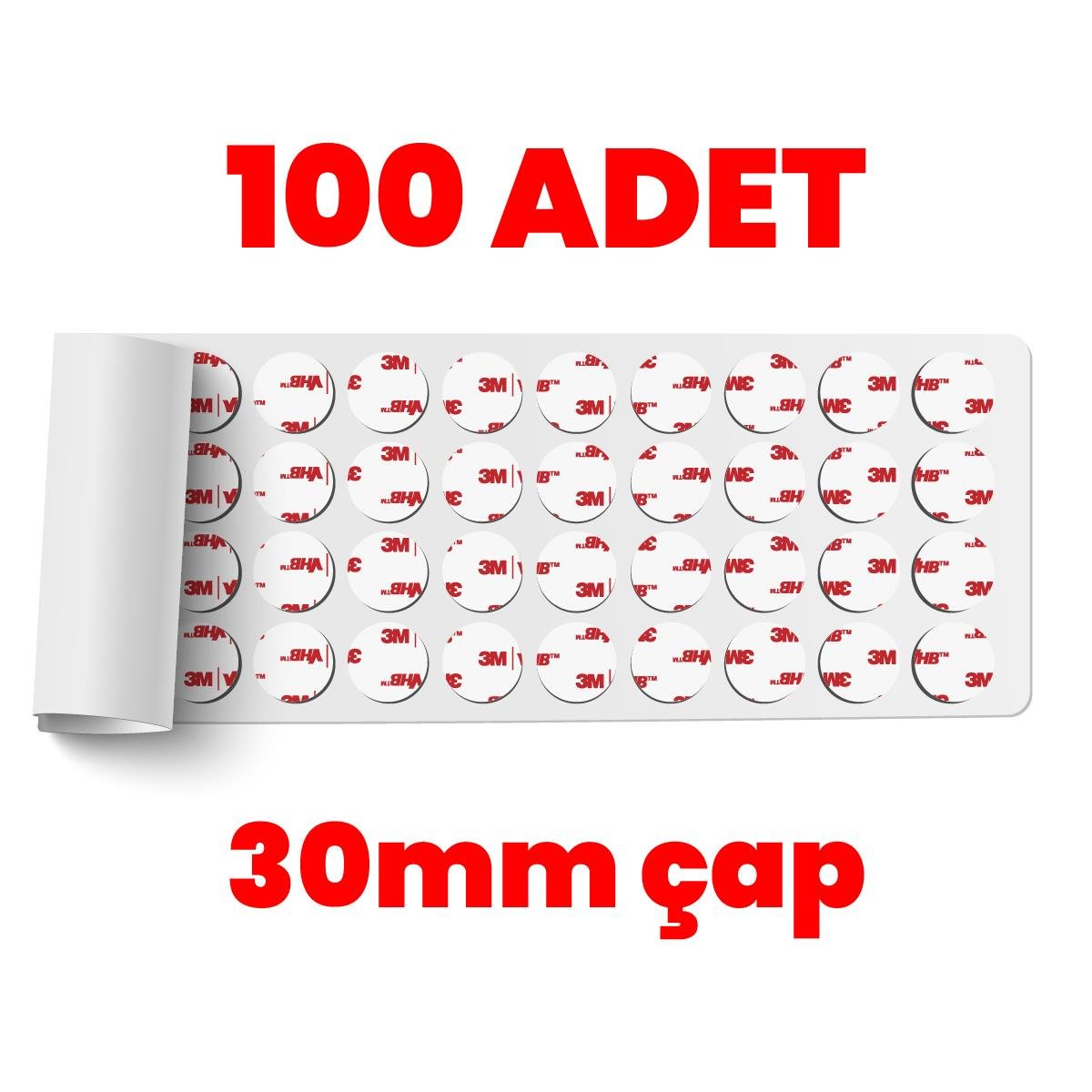 3MElektrik Bantları3M VHB Çok Güçlü Çift Taraflı 100 Adet Hazır Kesim 30mm Çap
