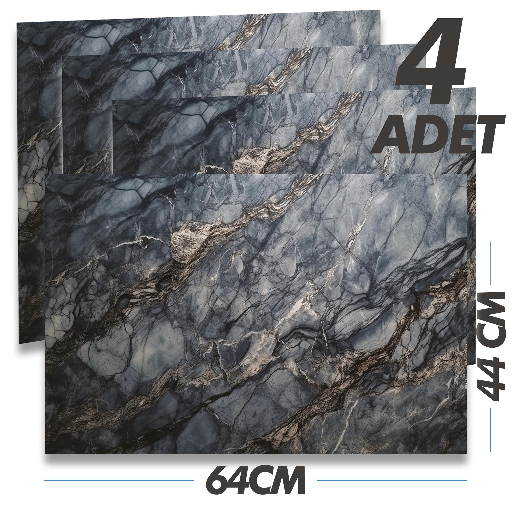 Boss TapeDöşeme4 Adet PVC Karo Kendinden Yapışkanlı Banyo Mutfak Fayans Kaplama 44x64cm Siyah Mermer