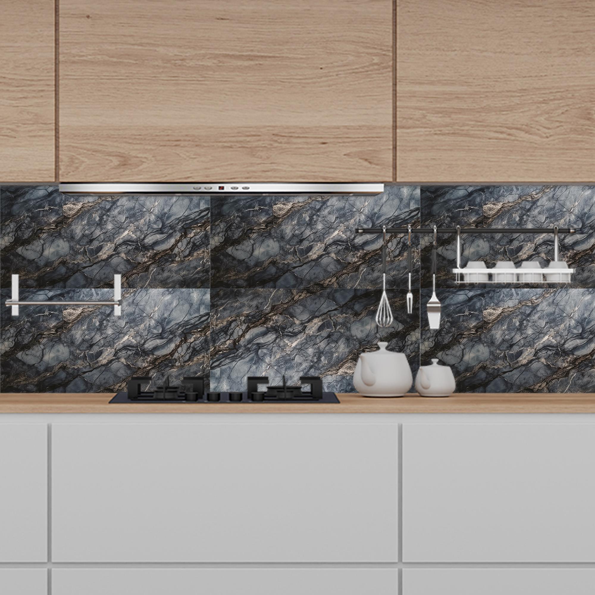 Boss TapeDöşeme4 Adet PVC Karo Kendinden Yapışkanlı Banyo Mutfak Fayans Kaplama 44x64cm Siyah Mermer