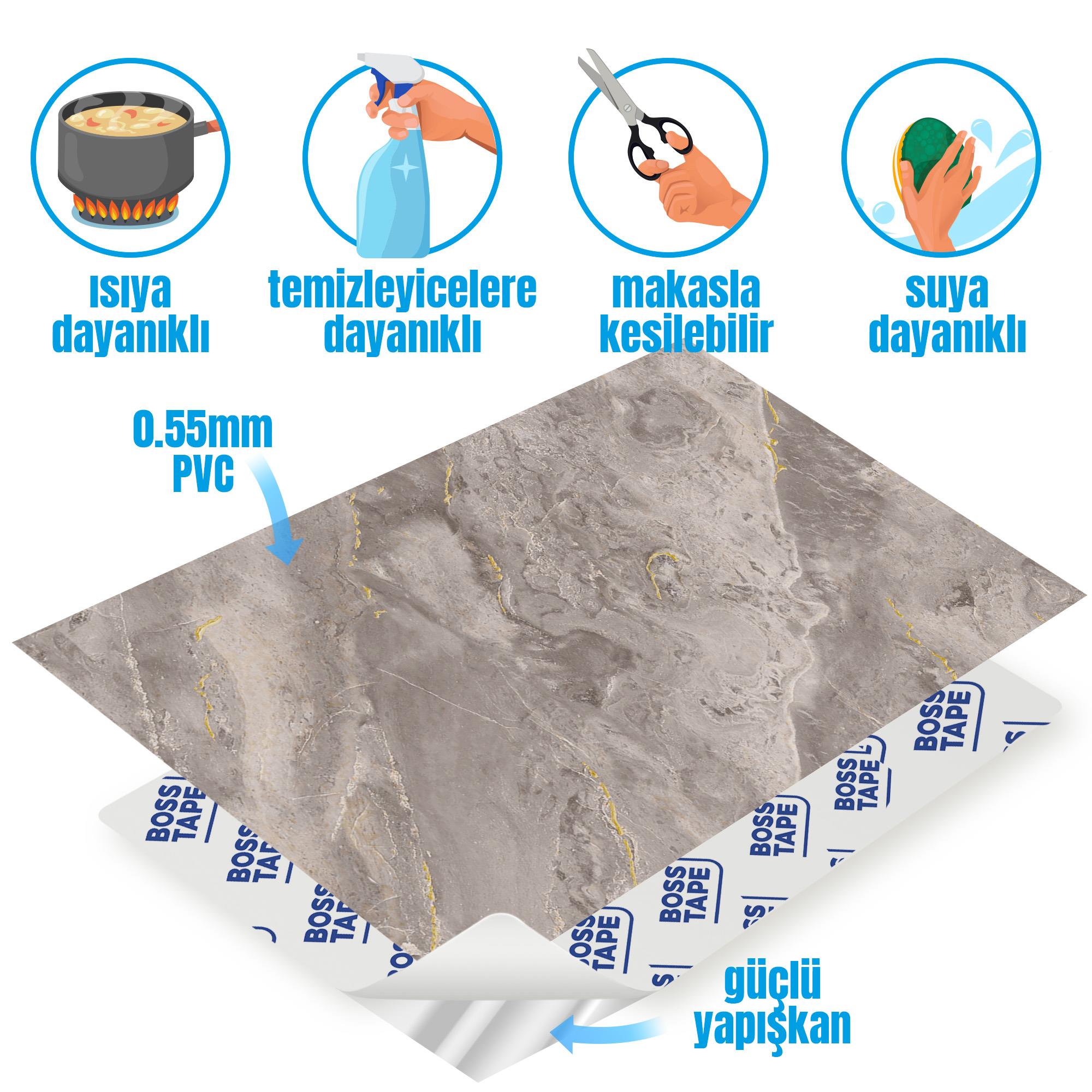 Boss TapeDöşeme4 Adet PVC Karo Kendinden Yapışkanlı Banyo Mutfak Fayans Kaplama 44x64cm Bej Mermer