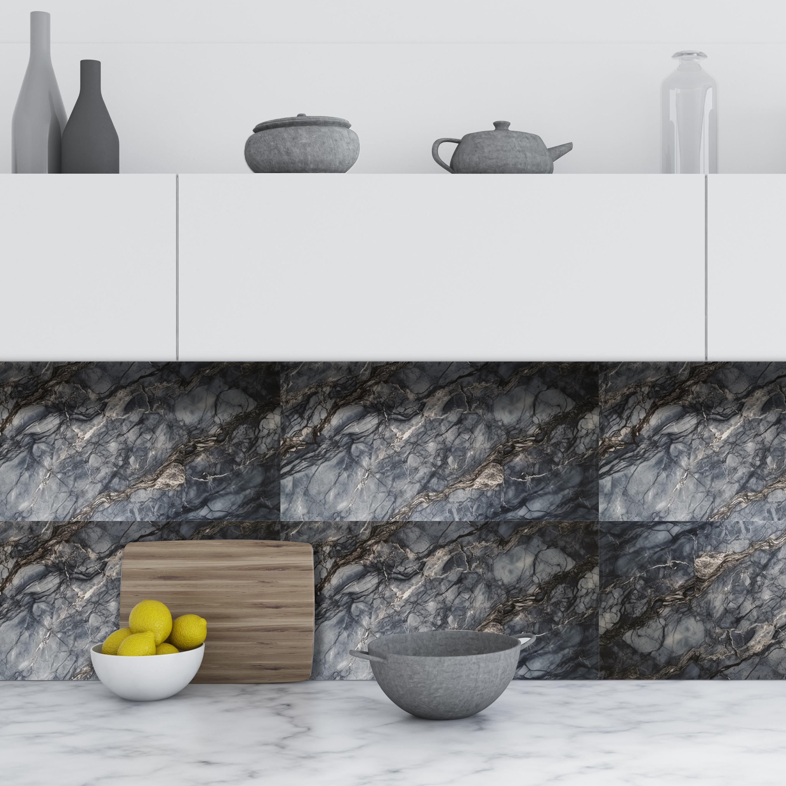 Boss TapeDöşeme4 Adet PVC Karo Kendinden Yapışkanlı Banyo Mutfak Fayans Kaplama 44x64cm Siyah Mermer