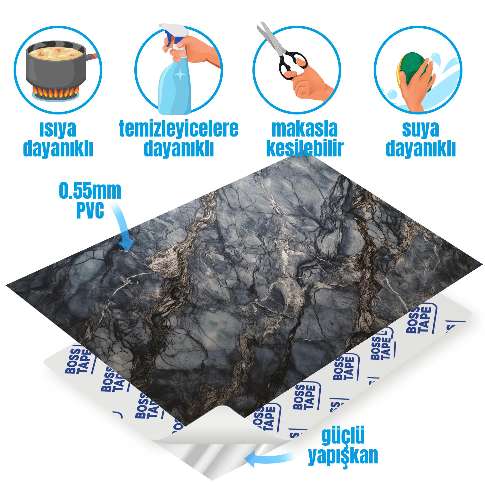 Boss TapeDöşeme4 Adet PVC Karo Kendinden Yapışkanlı Banyo Mutfak Fayans Kaplama 44x64cm Siyah Mermer