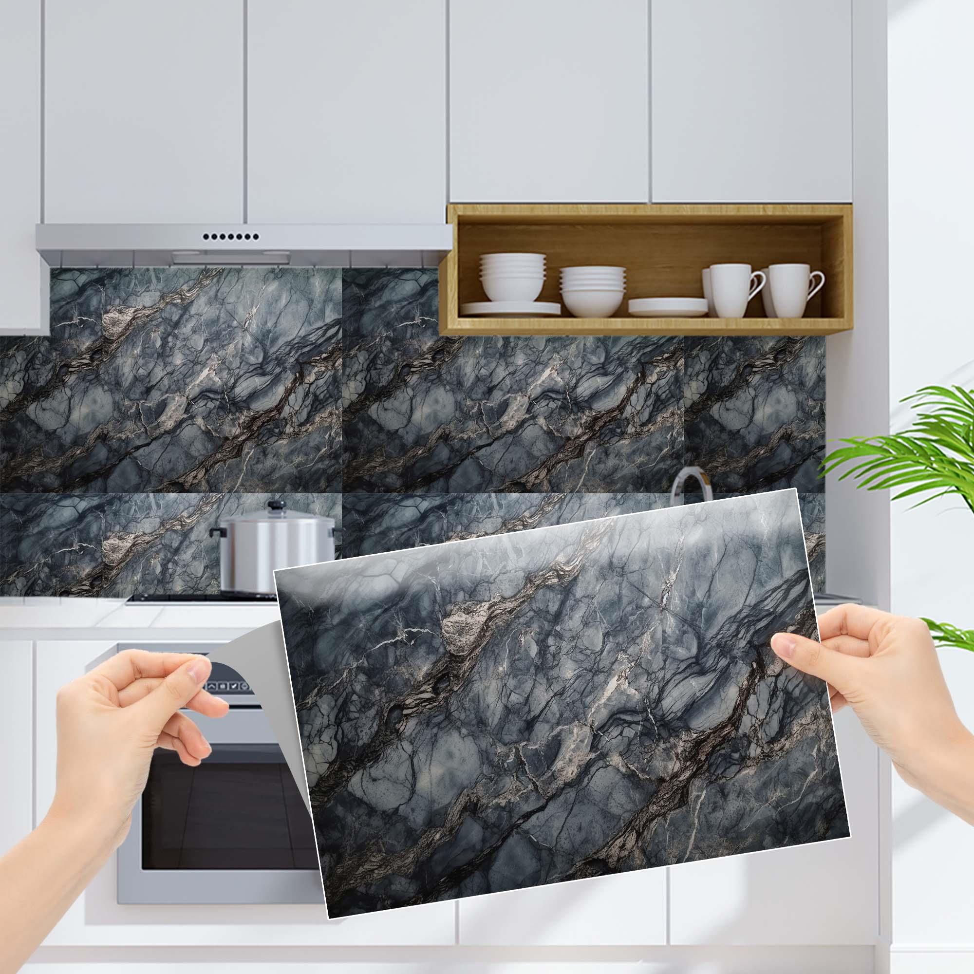 Boss TapeDöşeme4 Adet PVC Karo Yapışkanlı Banyo Mutfak Fayans Kaplama 41x62cm Siyah Mermer