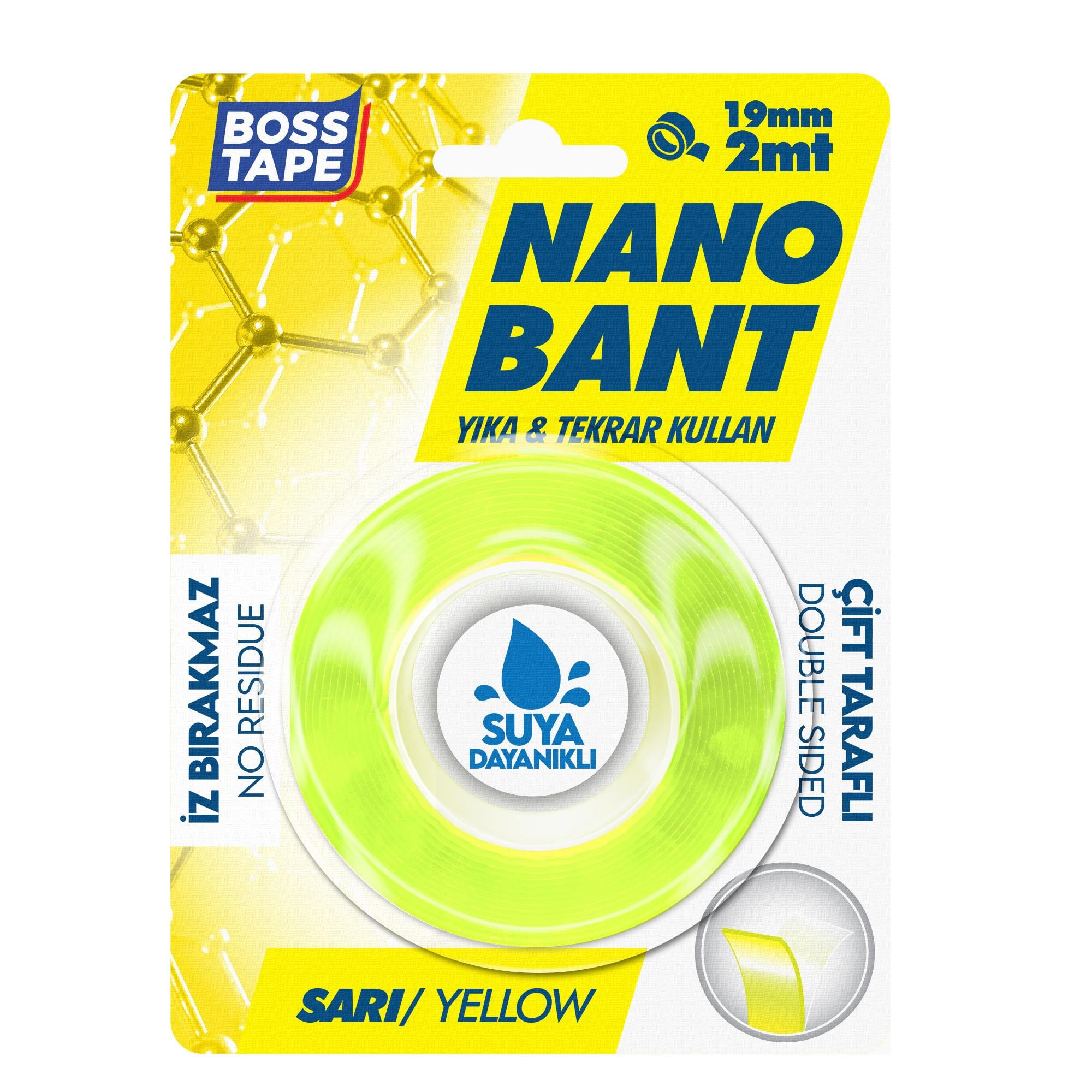 Boss TapeÇift Taraflı BantlarNano Bant Sarı Çift Taraflı En:19mm Boy: 2mt