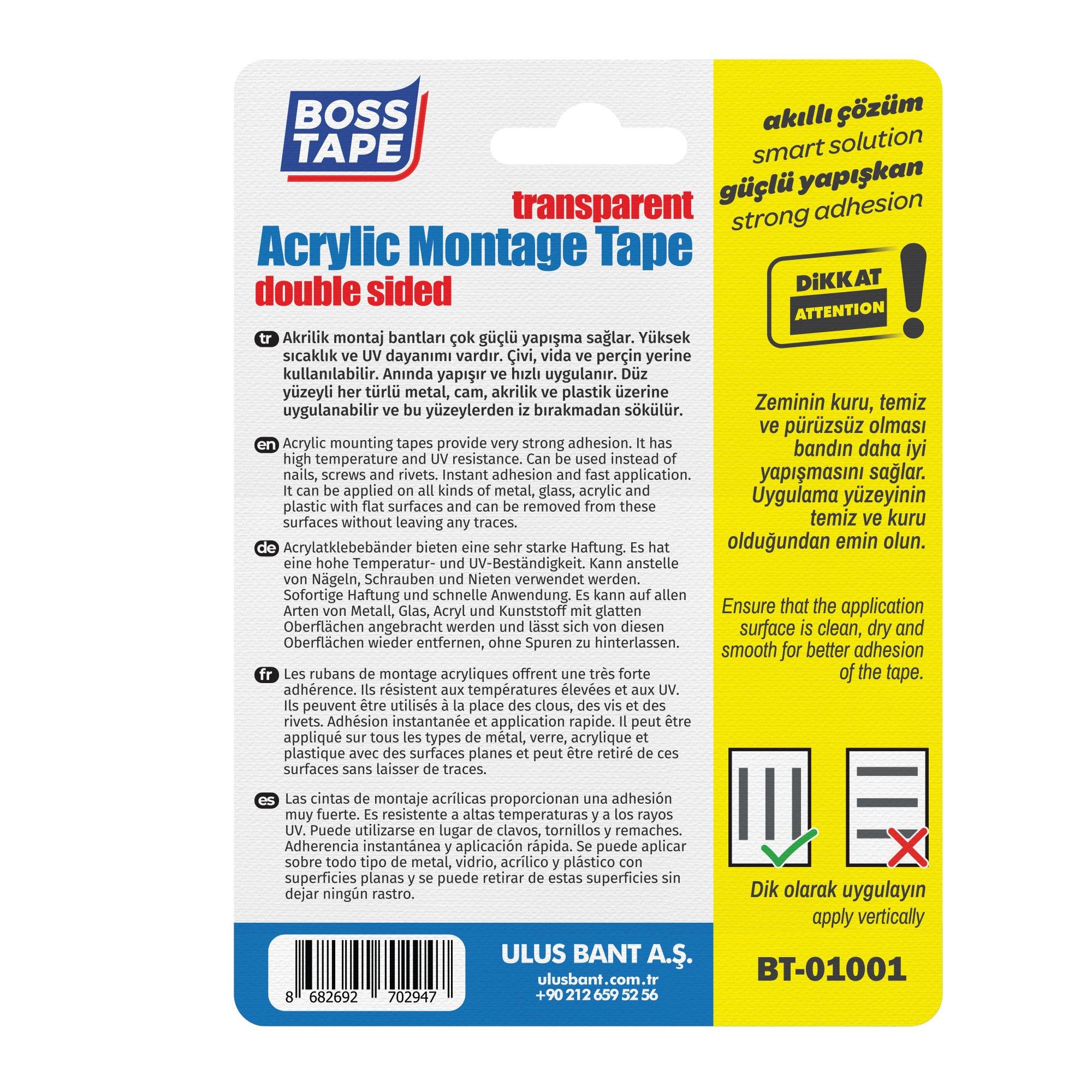 Boss TapeMaskeleme BantlarıŞeffaf Çift Taraflı Akrilik Montaj Bandı En:18mm Boy:2mt