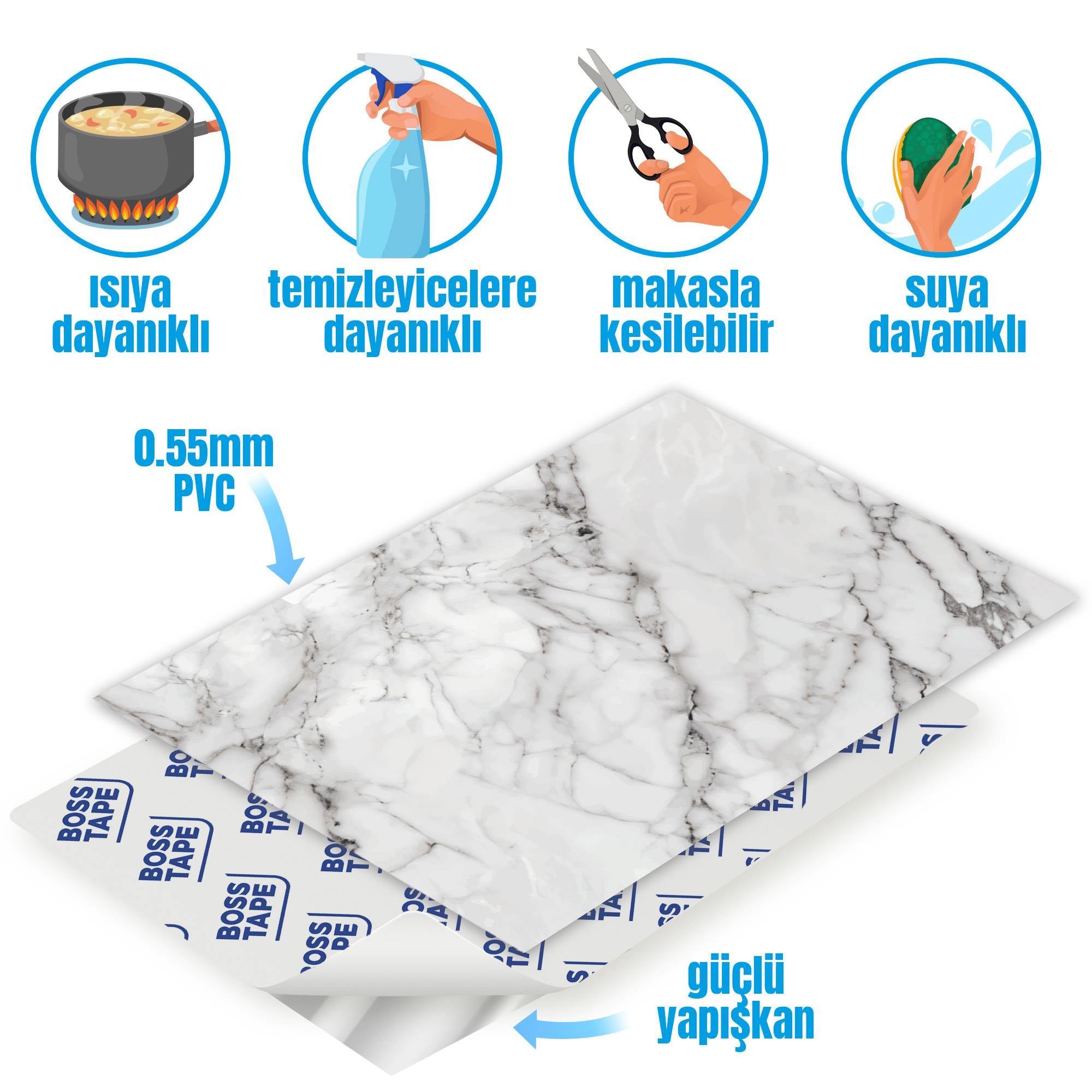 Boss TapeDöşemeYapışkanlı Banyo Mutfak Fayans Kaplama Mermer Pvc Karo 30x60cm (0,72 m²)