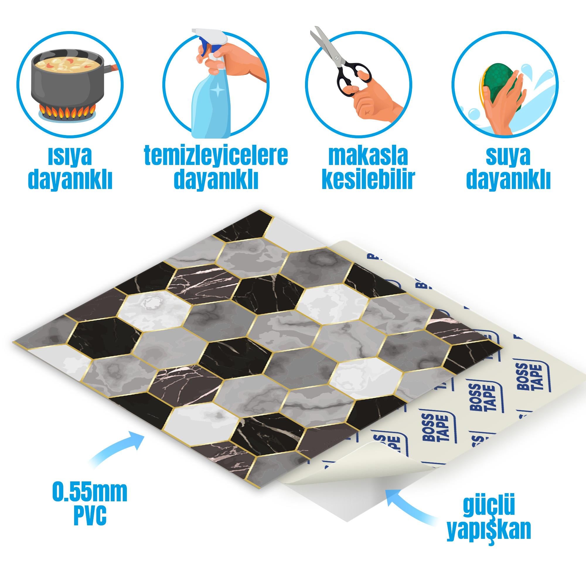 Boss TapeDöşemeYapışkanlı Banyo Mutfak Fayans Kaplama Altıgen Pvc Karo 30x30cm (0,36 m²)