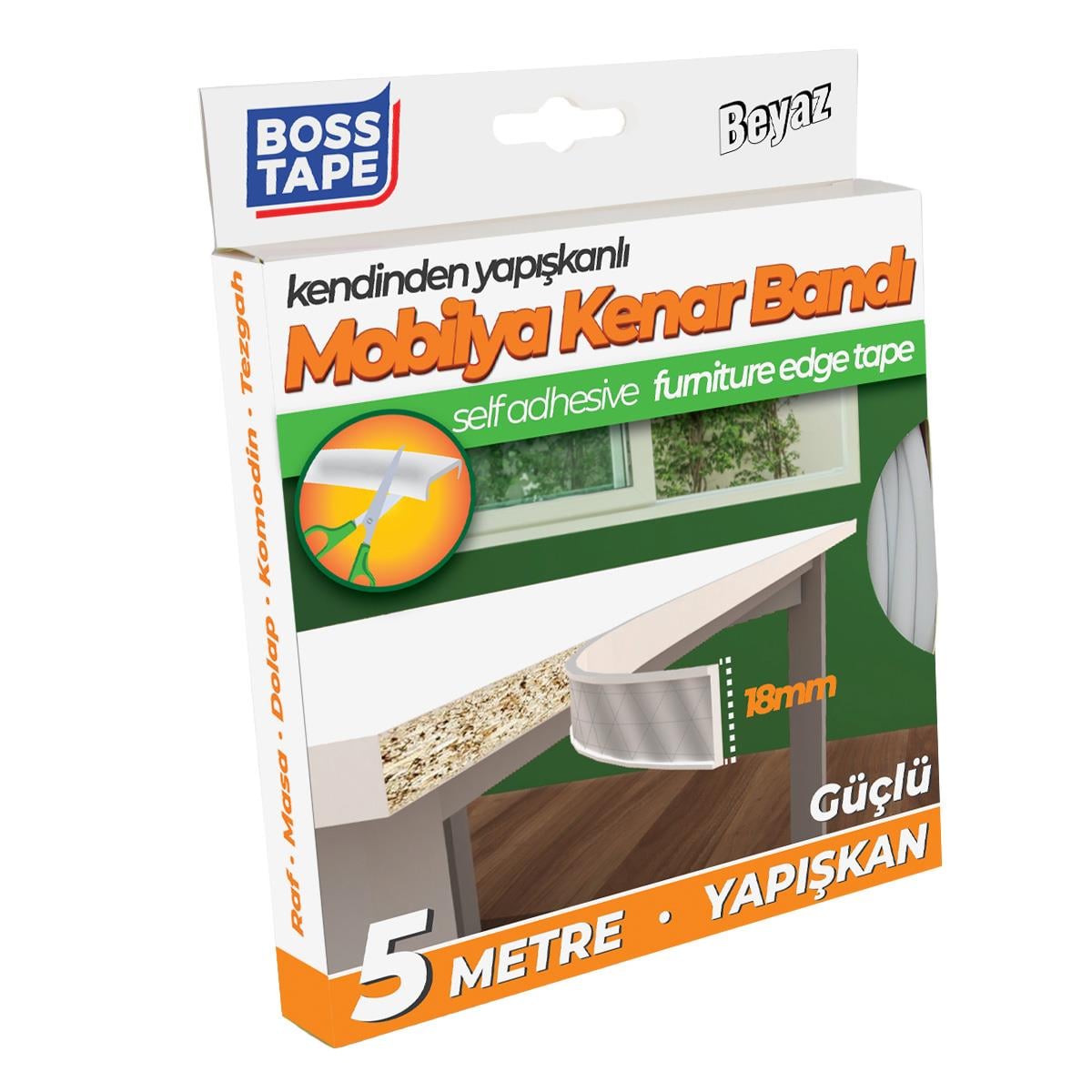 Boss TapeMobilya AksesuarYapışkanlı Mobilya Masa Kenar Bandı Beyaz En:18mm Boy:5mt