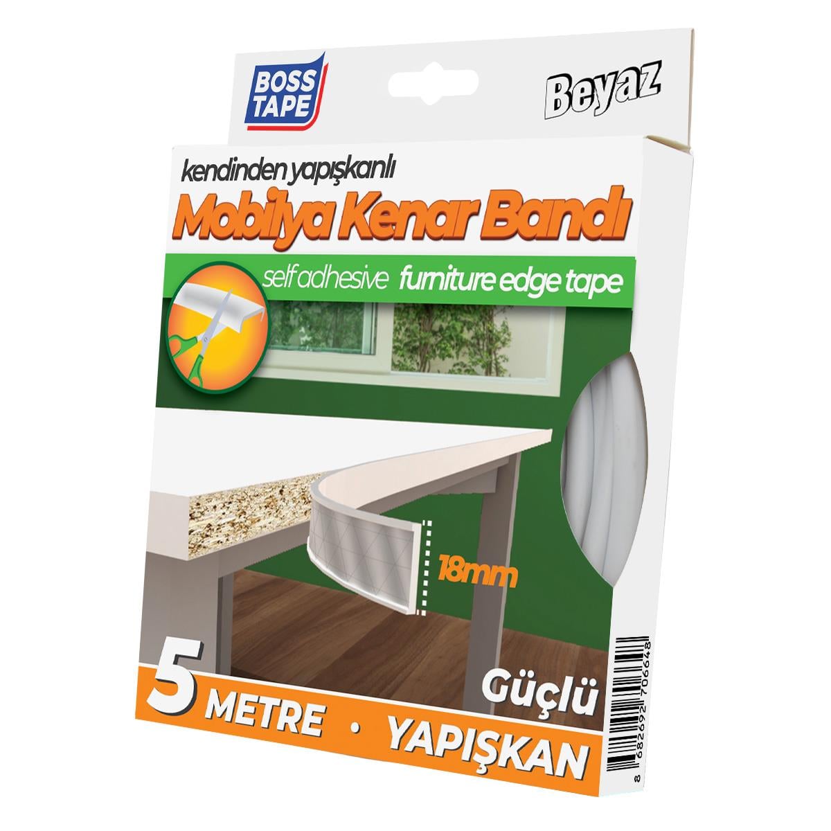 Boss TapeMobilya AksesuarYapışkanlı Mobilya Masa Kenar Bandı Beyaz En:18mm Boy:5mt