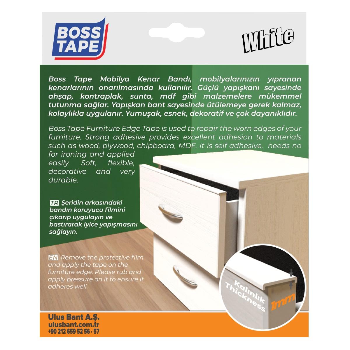 Boss TapeMobilya AksesuarYapışkanlı Mobilya Masa Kenar Bandı Beyaz En:18mm Boy:5mt