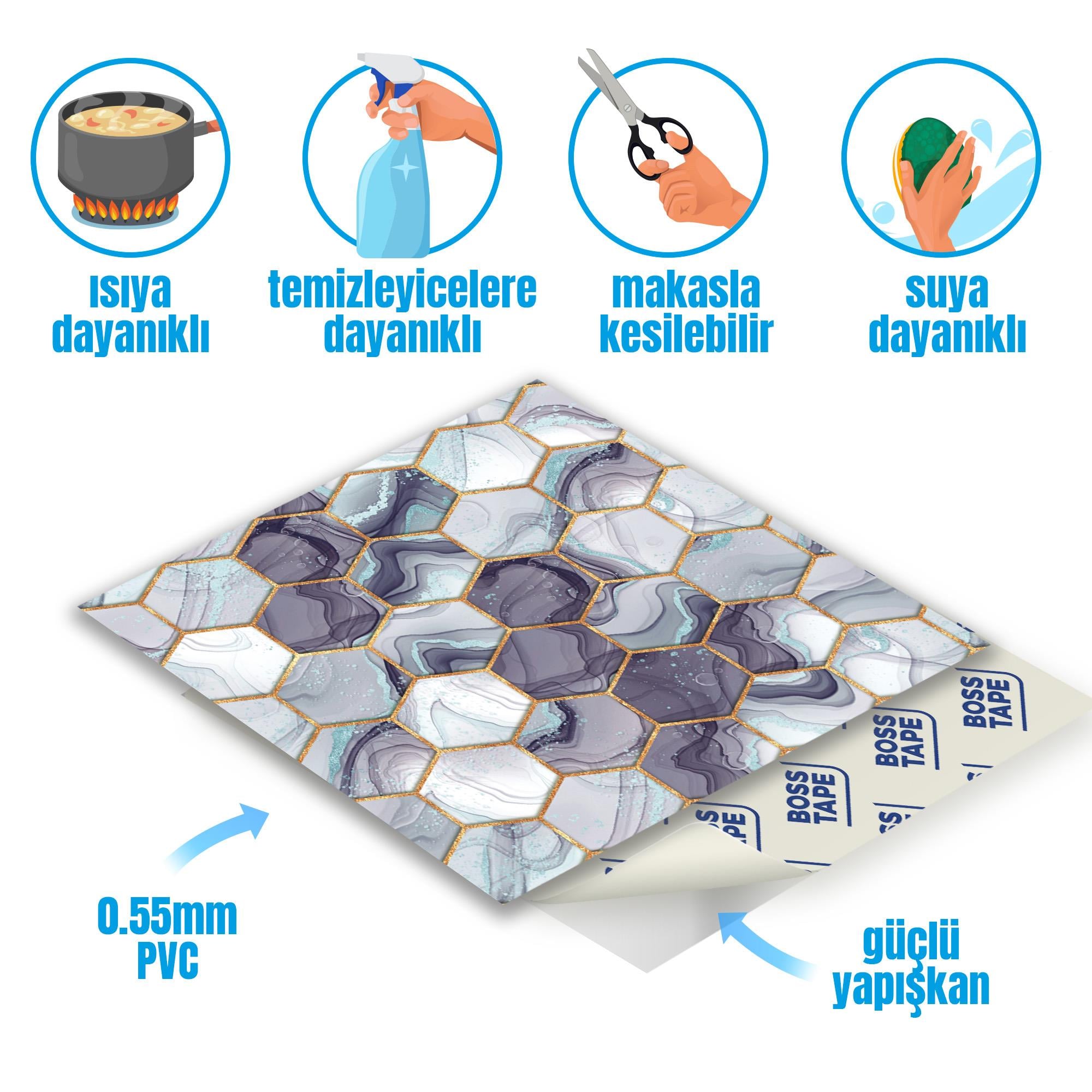 Boss TapeDöşemeYapışkanlı Yüzey Fayans Kaplama Altıgen Mor 004 Pvc Karo 30x30cm (4 ADET) 0,36 m2