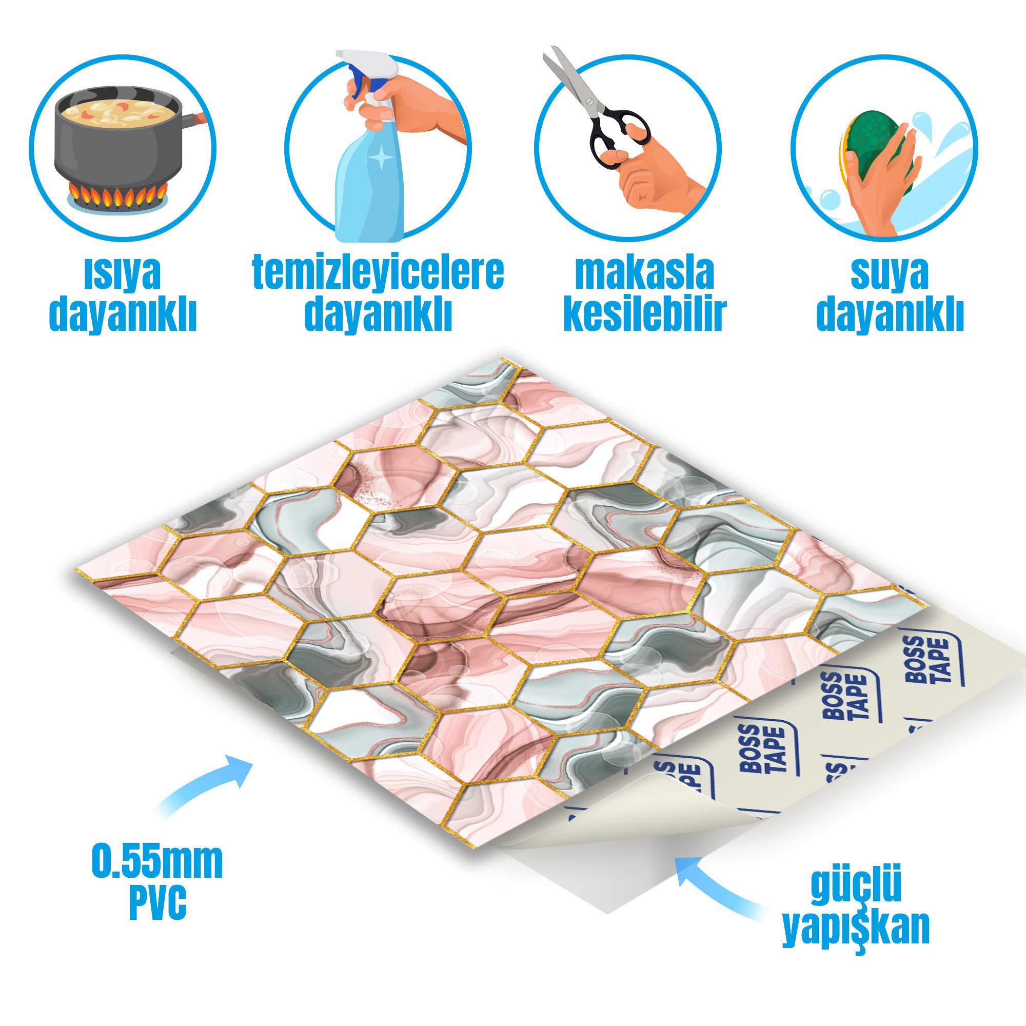 Boss TapeDöşemeYapışkanlı Yüzey Fayans Kaplama Altıgen Pembe 003 Desenli Pvc Karo 30x30cm (4 ADET) 0,36 m2