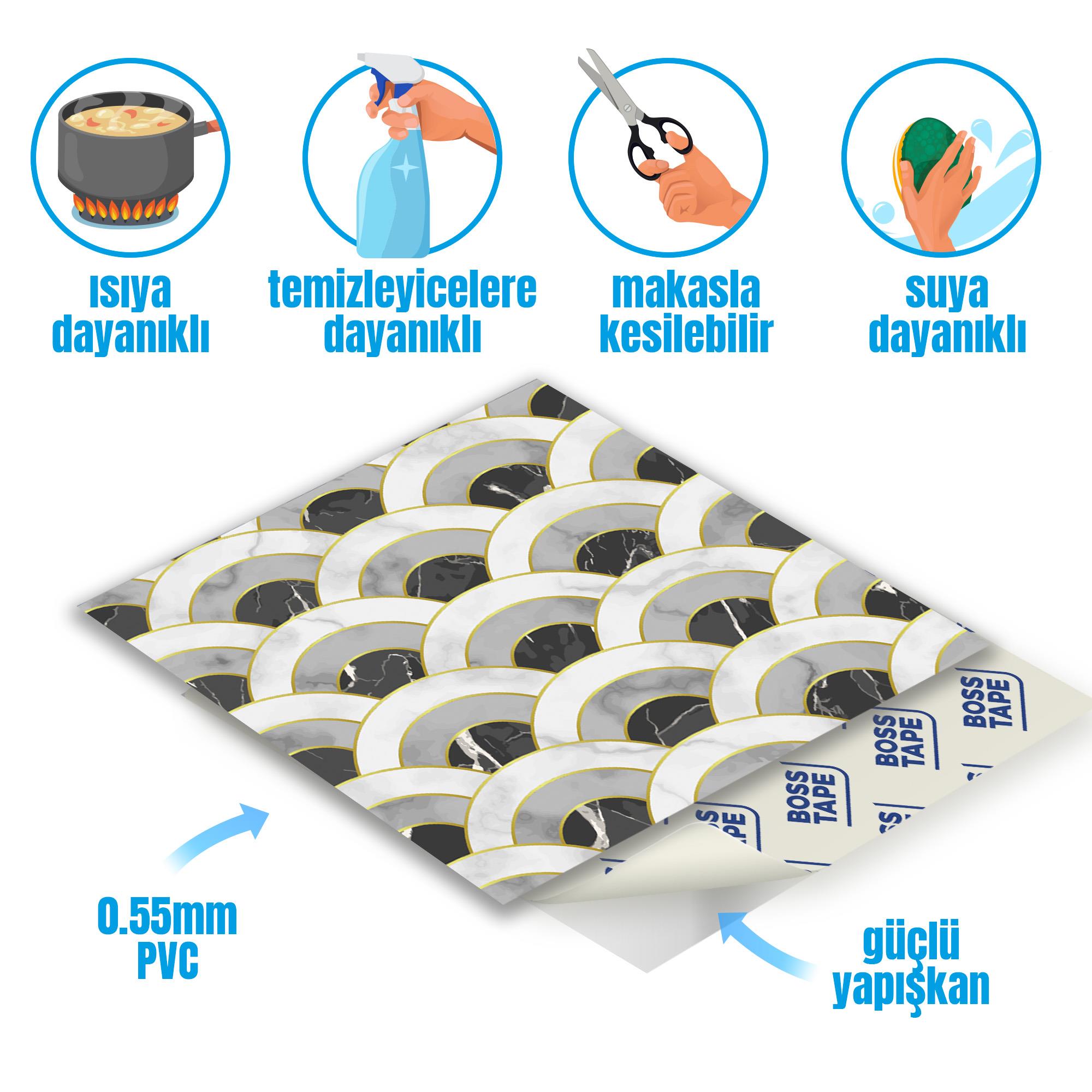 Boss TapeDöşemeYapışkanlı Yüzey Fayans Kaplama Yarım Daire 007 Pvc Karo 30x30cm (4 ADET) 0,36 m2