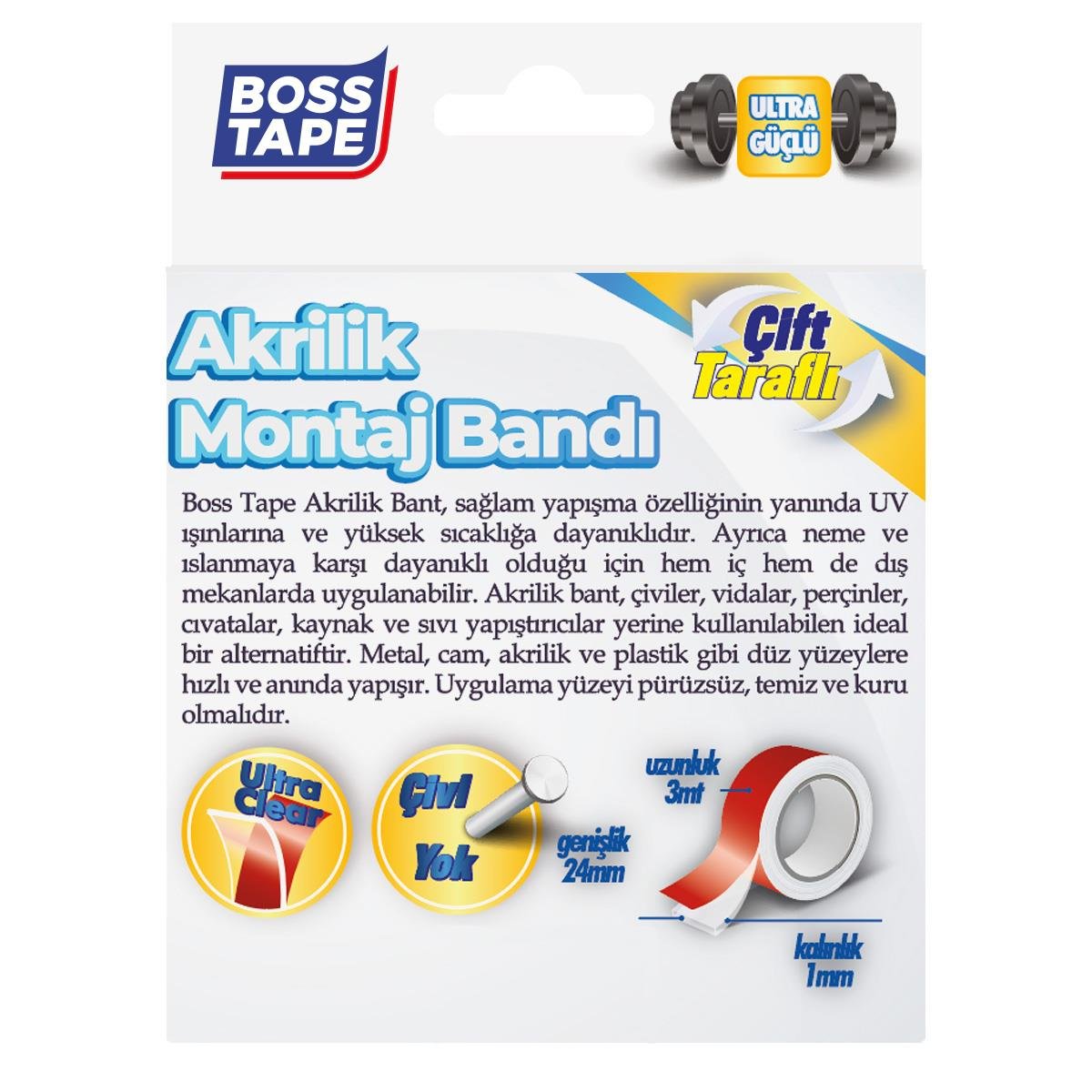 Şeffaf Çift Taraflı Akrilik Montaj Bandı- 24mmx3mt