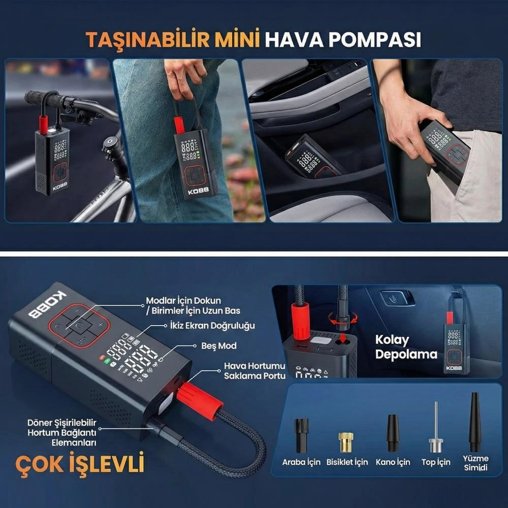 KOBB KB412 Li-ion Şarjlı 150 PSI Dijital Göstergeli Akıllı Lastik Şişirme Pompası+ Powerbank + SOS + Led Lamba