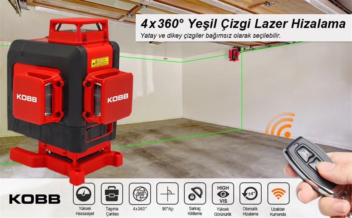 KOBB KBL35G Profesyonel Li-ion Şarjlı 4X360⁰ Otomatik Hizalamalı Yeşil Çapraz Çizgi Lazer Distomat + Uzaktan Kumanda
