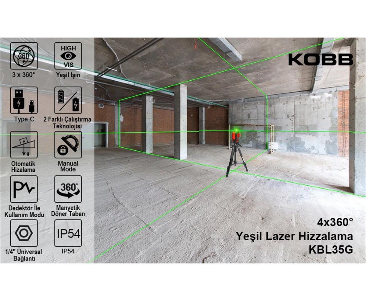 KOBB KBL35G Profesyonel Li-ion Şarjlı 4X360⁰ Otomatik Hizalamalı Yeşil Çapraz Çizgi Lazer Distomat + Uzaktan Kumanda