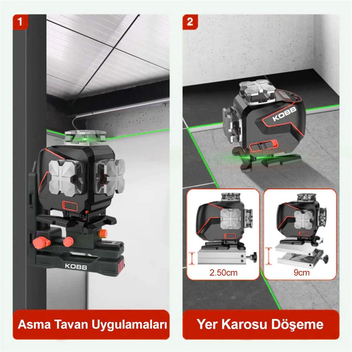 KOBB KBL36G Profesyonel Li-ion Şarjlı 4X360⁰ LCD Ekran Otomatik Hizalamalı Yeşil Çapraz Çizgi Lazer Distomat + Uzaktan Kumanda + Taşıma Çantası