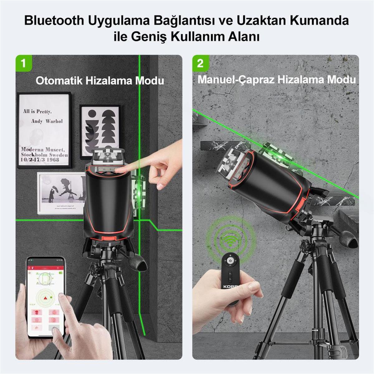 KOBB KBL36GTP Profesyonel Li-ion Şarjlı 4X360⁰ LCD Ekran Otomatik Hizalamalı Yeşil Çapraz Çizgi Lazer Distomat + Uzaktan Kumanda + Tripod + Taşıma Çantası