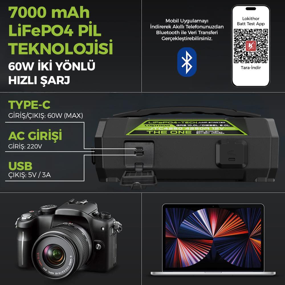 Lokithor JTC4250 12V/220V 4250Amp LiFePO4 Akıllı Akü Test + Akü Takviye + Akü Şarj Cihazı