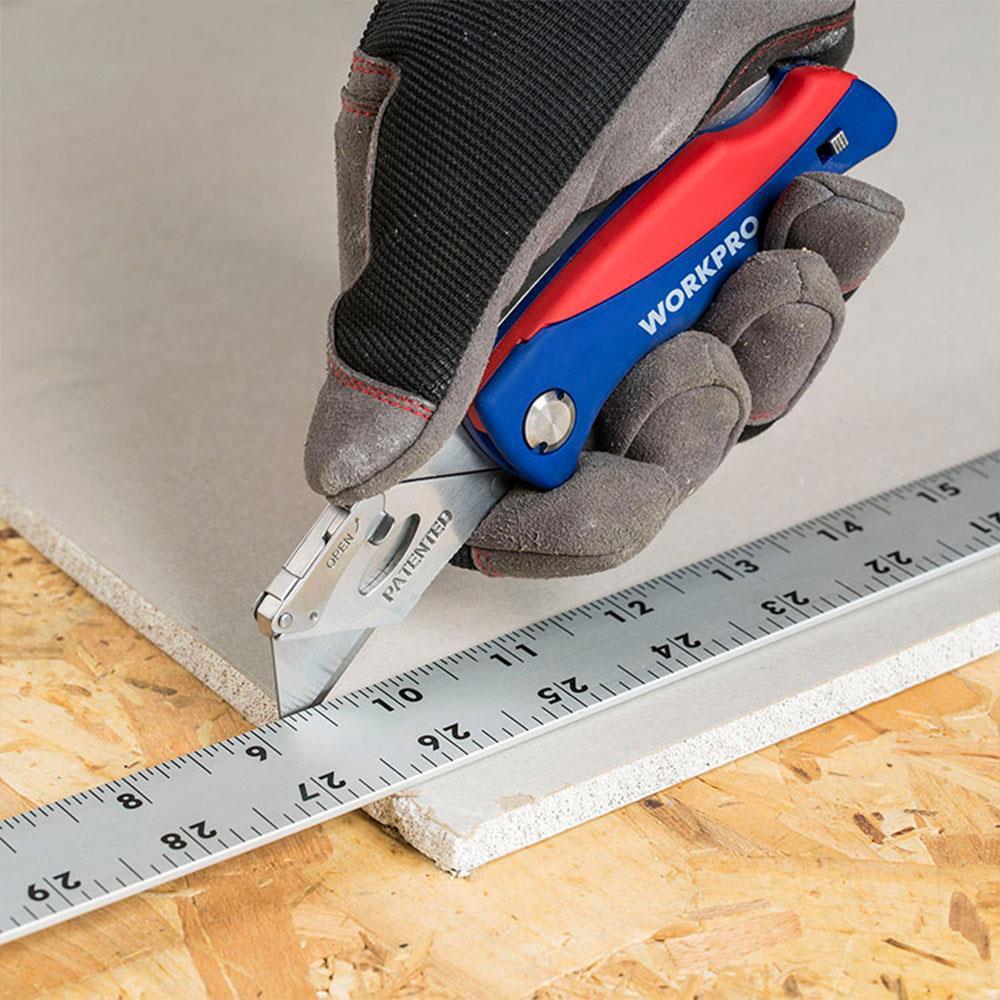 WORKPRO WP211006 Ağır Hizmet Paslanmaz Çelik Gövde Katlanır Rötuş Maket Bıçağı + 6 Adet Yedek Bıçak