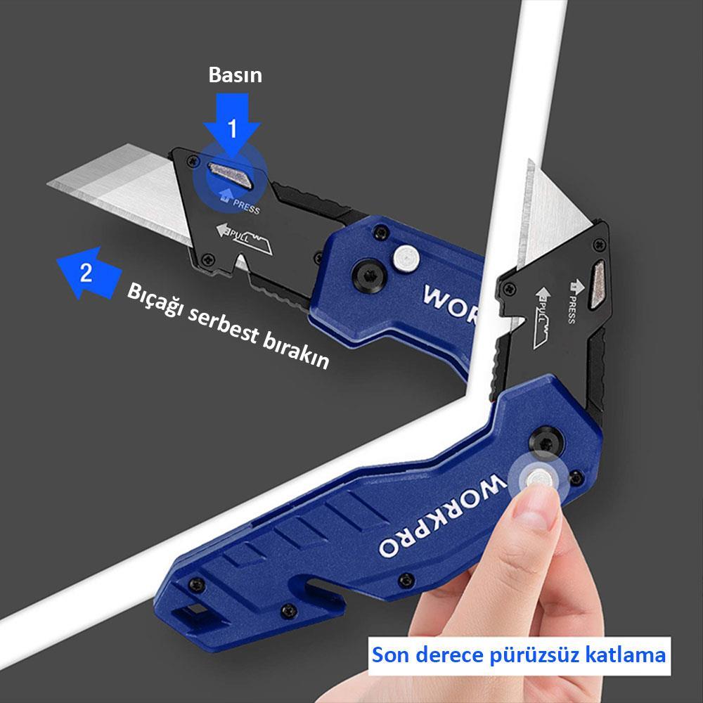 WORKPRO WP211008 Profesyonel Katlanır Çok Amaçlı Rötuş Maket Bıçağı + 10 Adet Yedek Bıçak