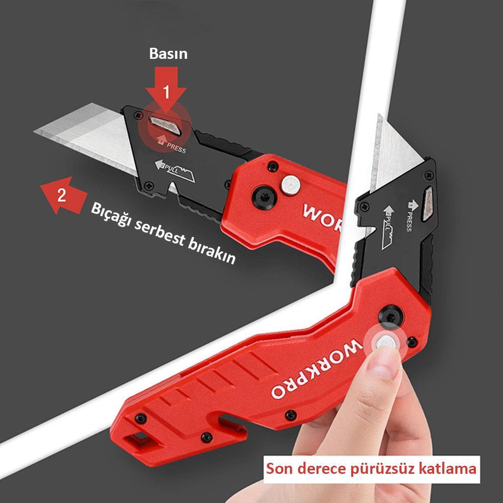 WORKPRO WP211018 Profesyonel Katlanır Çok Amaçlı Rötuş Maket Bıçağı + 10 Adet Yedek Bıçak