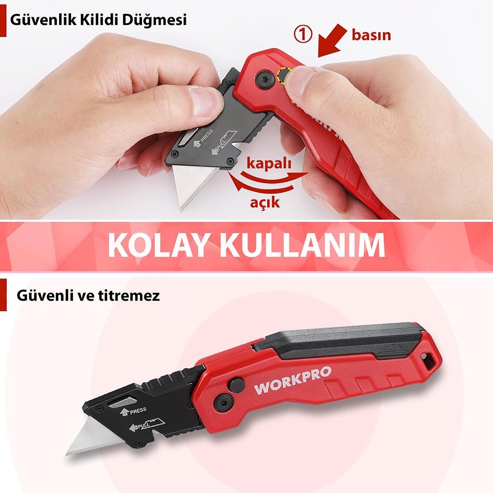 WORKPRO WP211026 Katlanır Çok Amaçlı Profesyonel Rötuş Maket Bıçağı + 14 Adet Yedek Bıçak