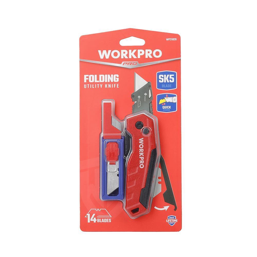 WORKPRO WP211026 Katlanır Çok Amaçlı Profesyonel Rötuş Maket Bıçağı + 14 Adet Yedek Bıçak