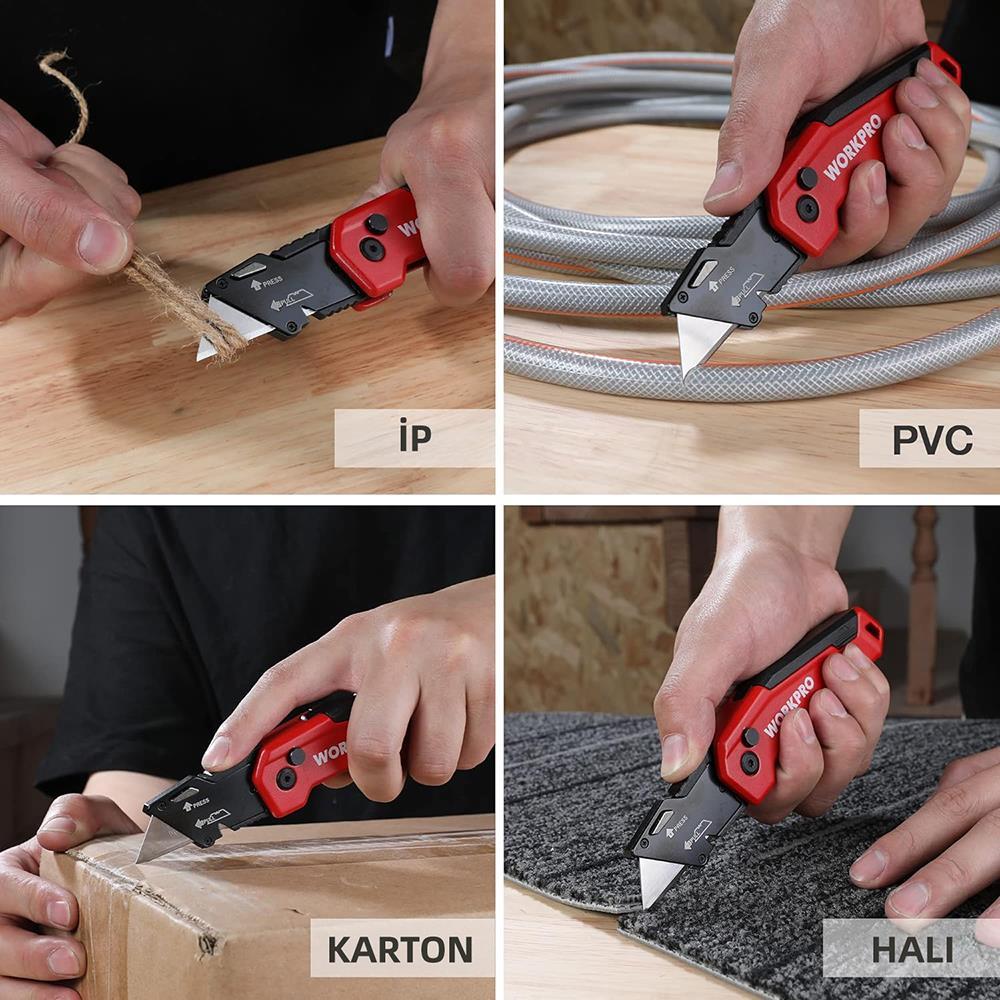 WORKPRO WP211026 Katlanır Çok Amaçlı Profesyonel Rötuş Maket Bıçağı + 14 Adet Yedek Bıçak