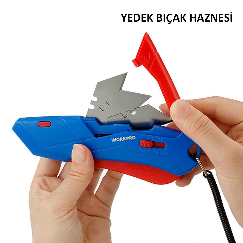 WORKPRO WP213010 Kemer Askı Kancalı Otomatik Geri Çekilebilir Mandallı Rötuş Maket Bıçağı + 3 Adet Yedek Bıçak