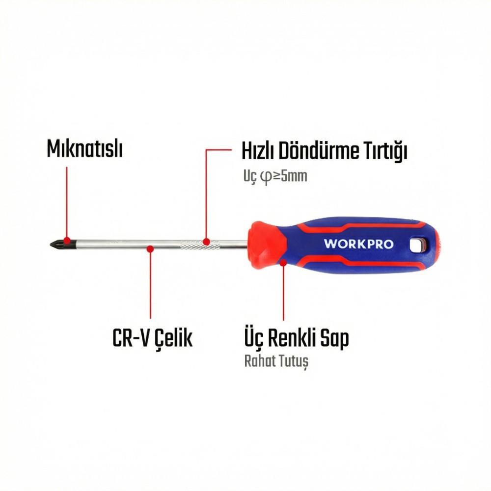 WORKPRO WP221036 PZ1x100mm CR-V Manyetik Profesyonel Yıldız Tornavida