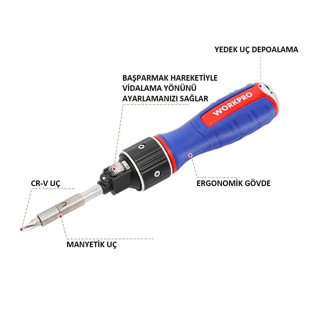 WORKPRO WP221069 6-IN-1 Profesyonel CR-V Cırcırlı Manyetik Tornavida Seti 