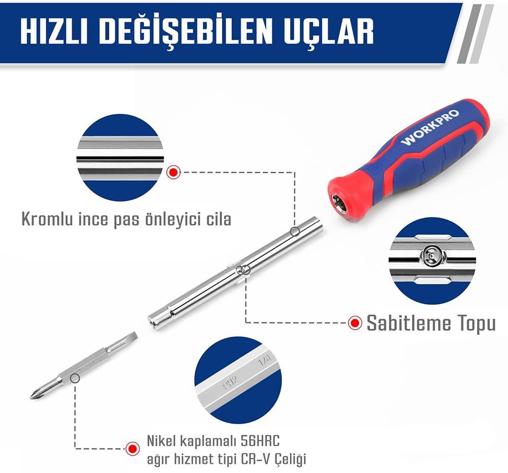 WORKPRO WP221306 15-IN-1 Çok Fonksiyonlu Değişken Uçlu Profesyonel Tornavida Seti + Bel Askı Kılıfı