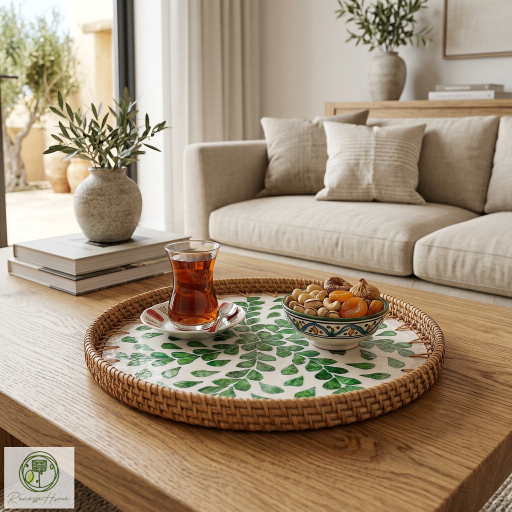 Adiri El Yapımı Rattan Tepsi – Doğal Hasır Sunum Tepsisi, Bohem Dekoratif Servis Tepsisi