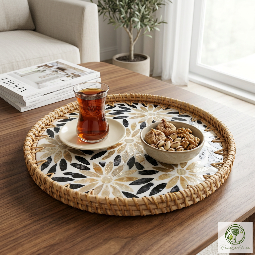 Adre El Yapımı Rattan Tepsi – Doğal Hasır Sunum Tepsisi, Bohem Dekoratif Servis Tepsisi