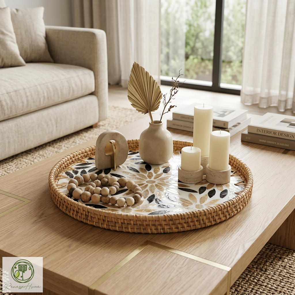 Adre El Yapımı Rattan Tepsi – Doğal Hasır Sunum Tepsisi, Bohem Dekoratif Servis Tepsisi