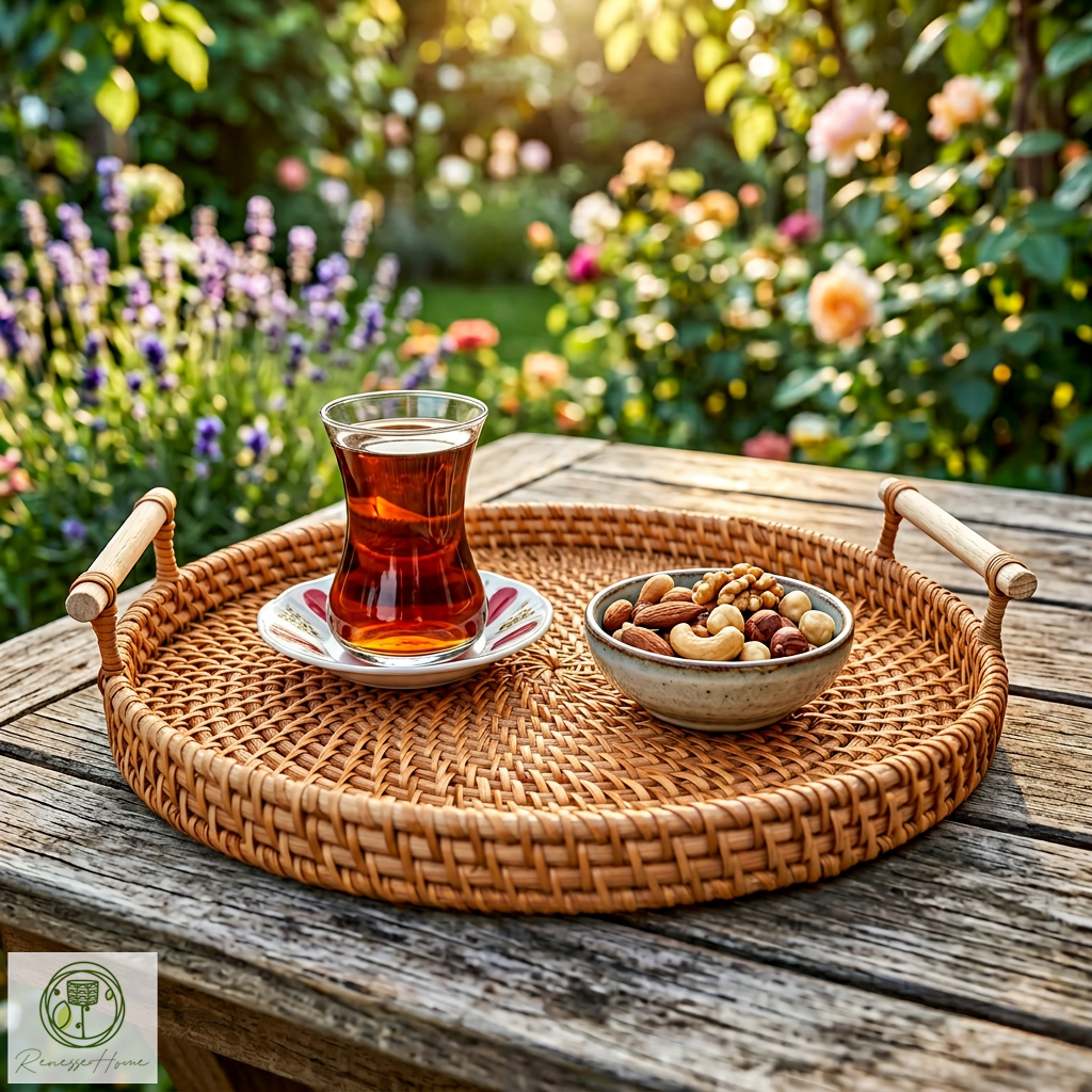 Akra El Yapımı Doğal Rattan Servis Tepsisi – Ahşap Saplı Dekoratif Kahve ve Sunum Tepsisi