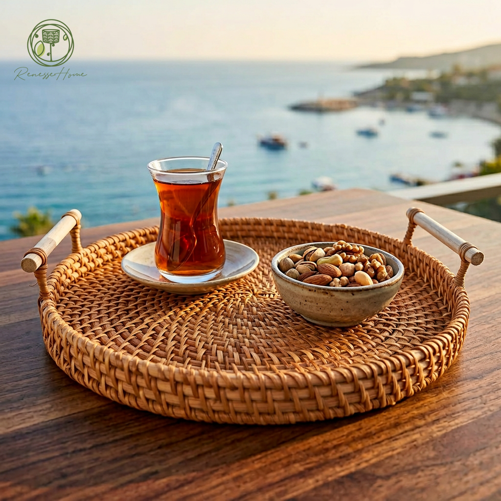 Akra El Yapımı Doğal Rattan Servis Tepsisi – Ahşap Saplı Dekoratif Kahve ve Sunum Tepsisi