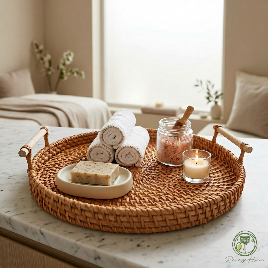 Akra El Yapımı Doğal Rattan Servis Tepsisi – Ahşap Saplı Dekoratif Kahve ve Sunum Tepsisi